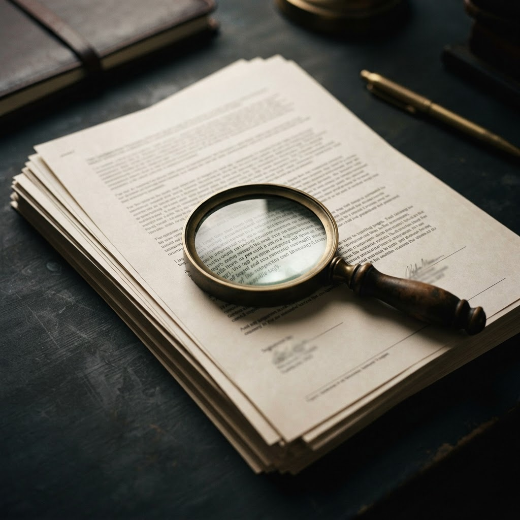 A brass magnifying glass resting on a stack of printed contract pages